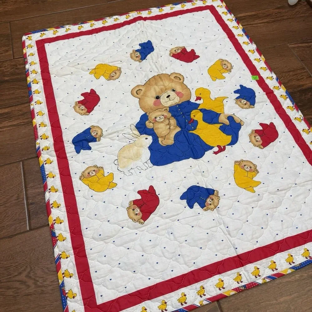 Vintage BABY Quilt Teddy Bears Ducks Striped Trim Blanklet Handmade Reversible